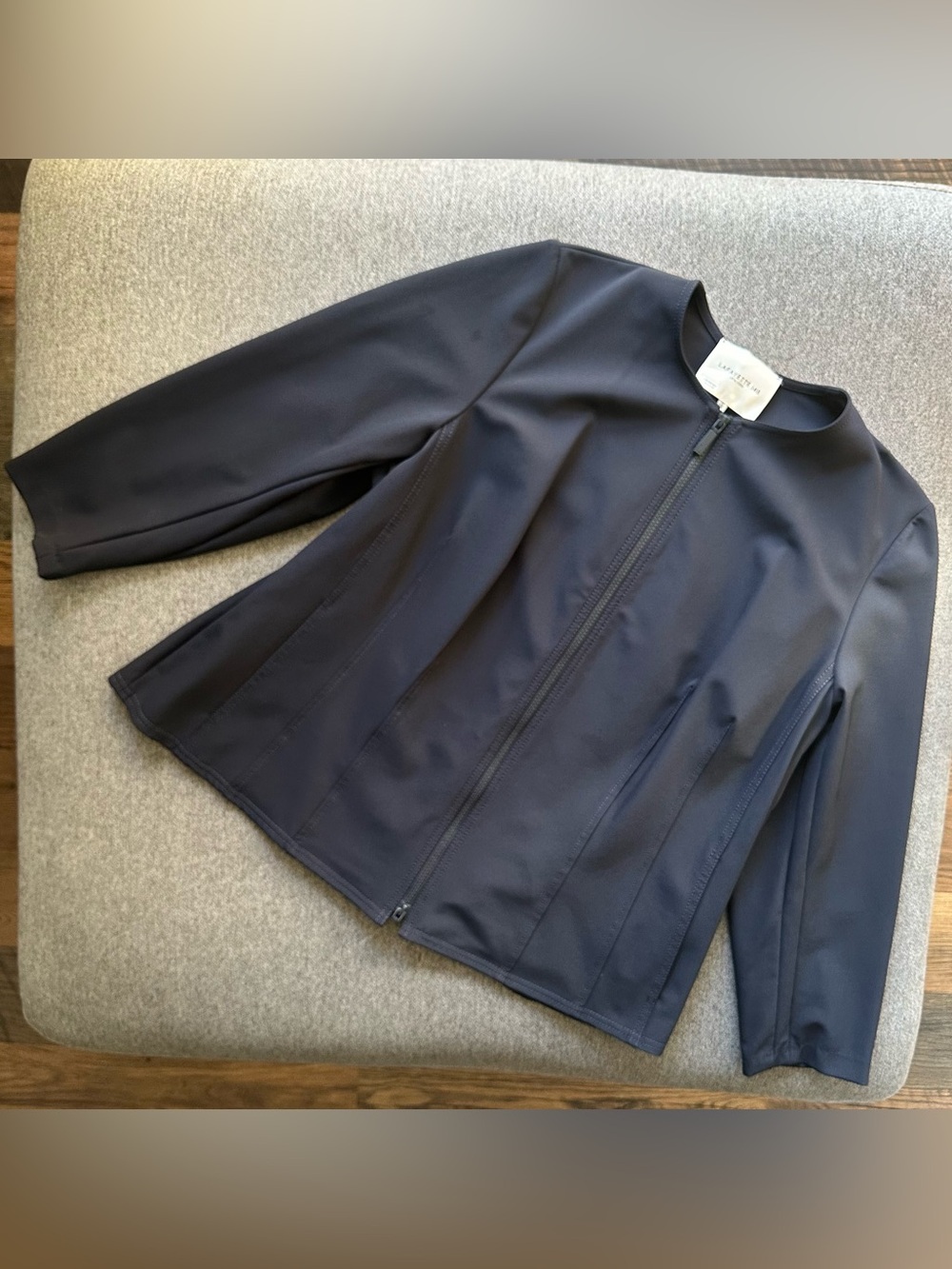 Lafayette 148 New York Navy Blue Collarless Zip-Front Jacket
